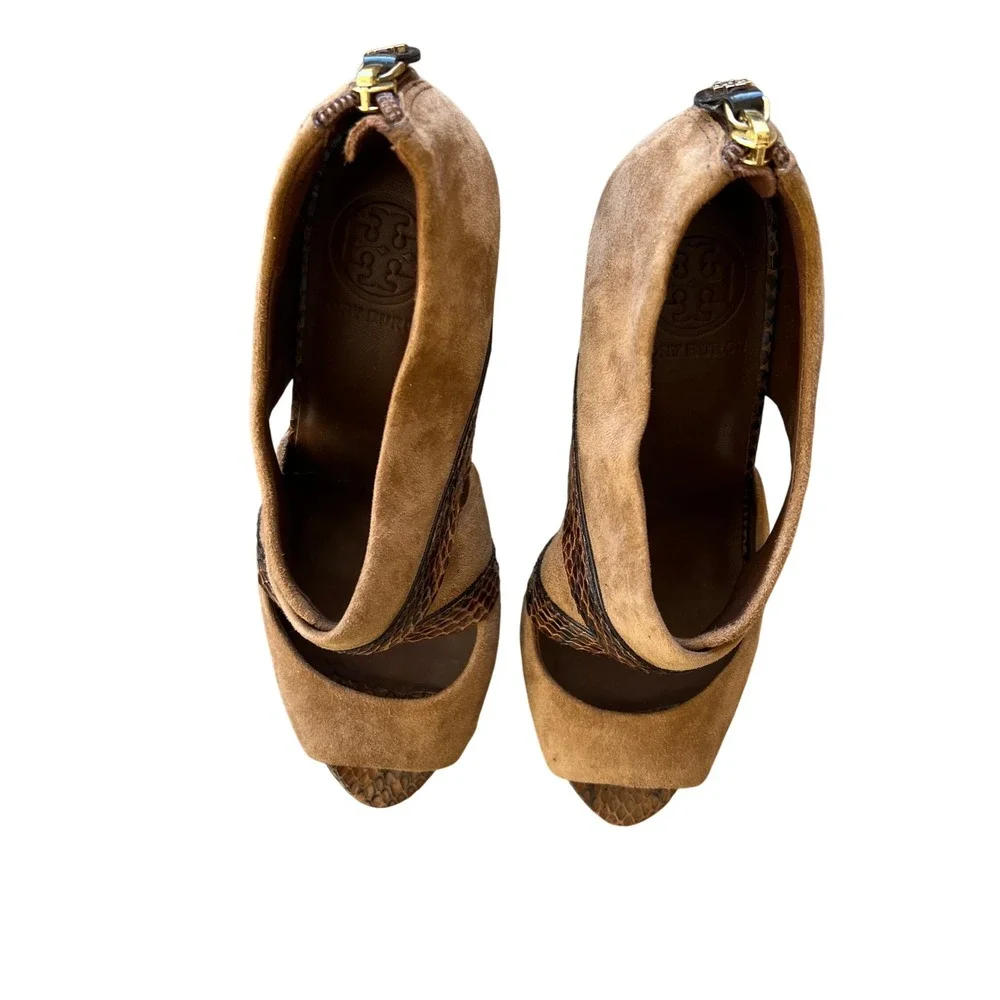Tory Burch Suede Snakeskin Platform‎ Heels Peep Toe Sandals 7.5M Brown MSRP $425